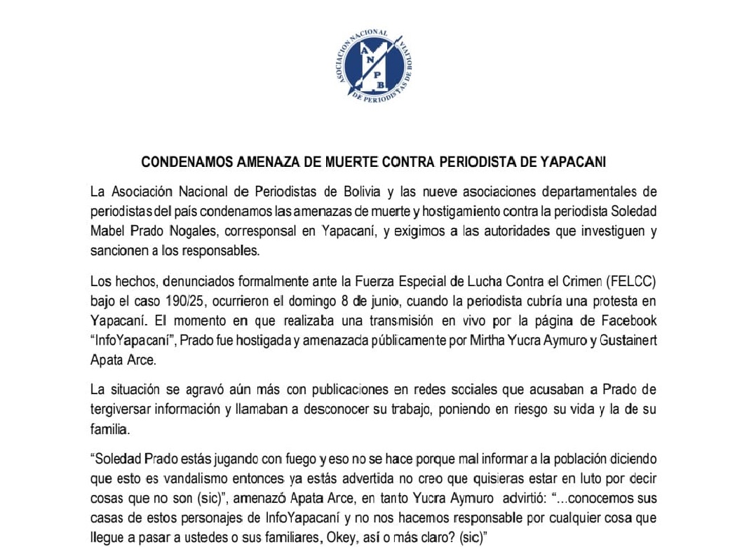Periodista boliviana amenazada por publicar reclamos de vecinos en Yapacaní